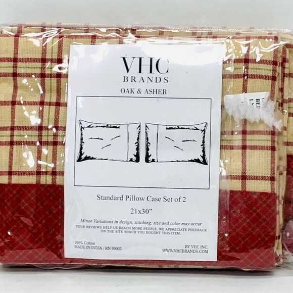 VHC BRANDS OAK & ASHER Creme & Maroon Plaid Pillowcase Set of 2 NEW NIP - Picture 3 of 5